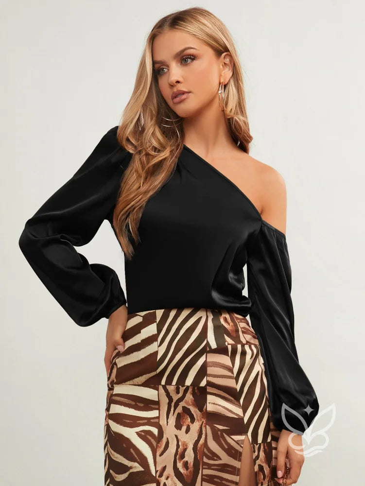 Blusa Assimétrica De Cetim Com Manga Lanterna Blusa Assimétrica De Cetim Com Manga Lanterna