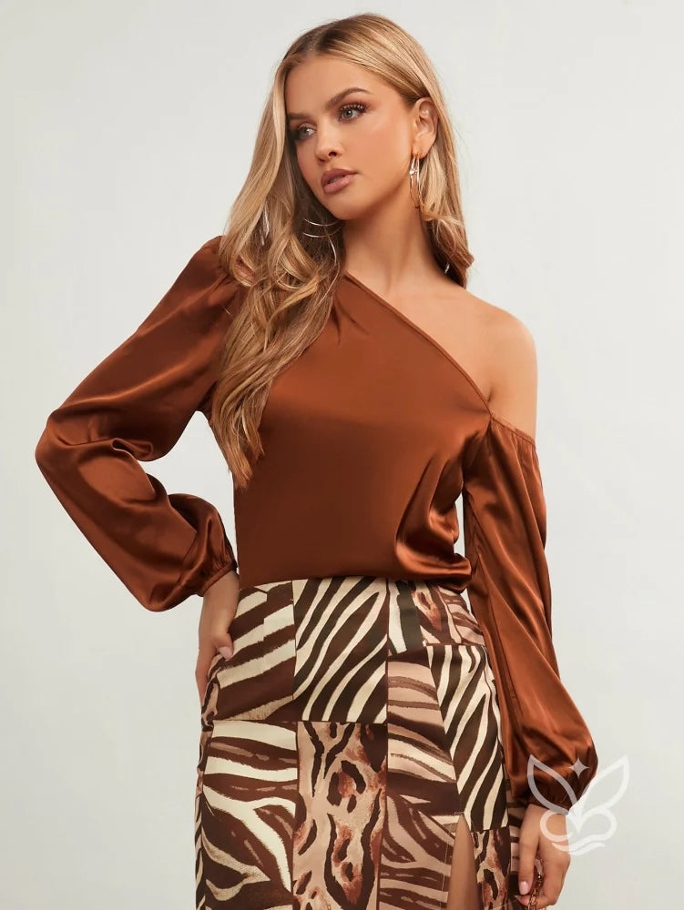 Blusa Assimétrica De Cetim Com Manga Lanterna Blusa Assimétrica De Cetim Com Manga Lanterna