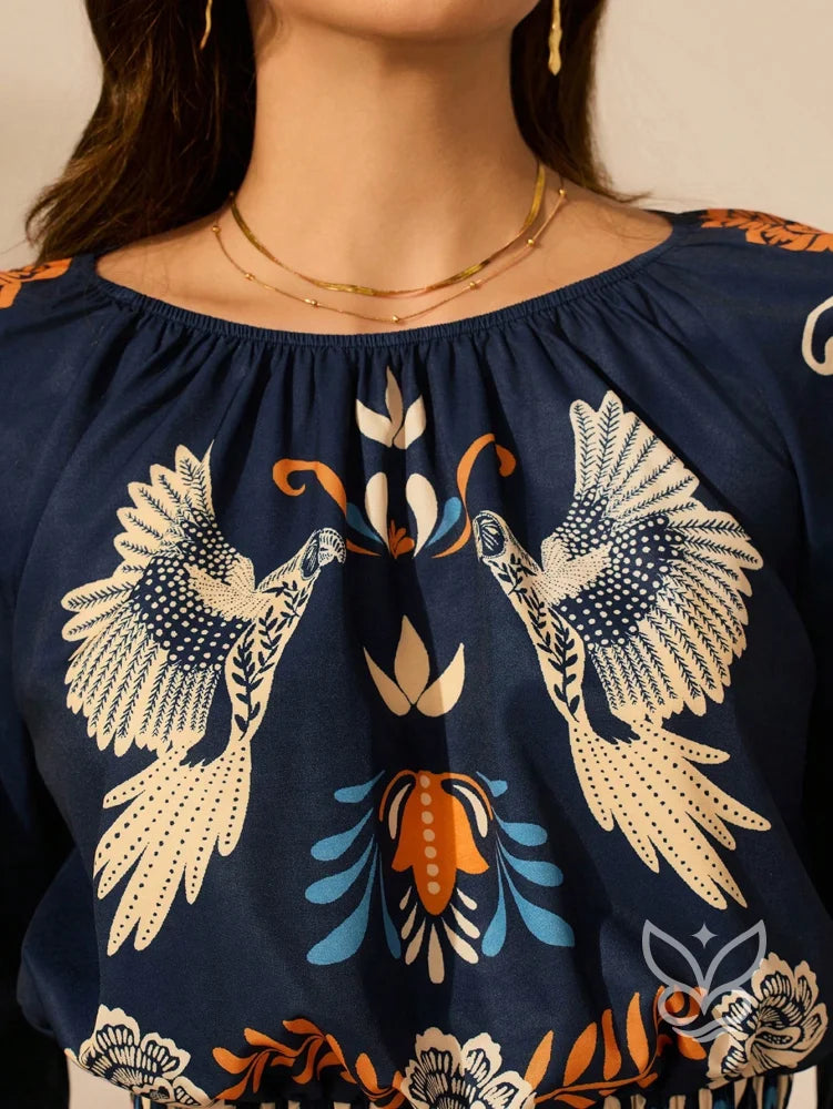 Blusa Boho Cropped com Estampa Étnica e Manga 3/4 Bufante Blusa Boho Cropped com Estampa Étnica e Manga 3/4 Bufante