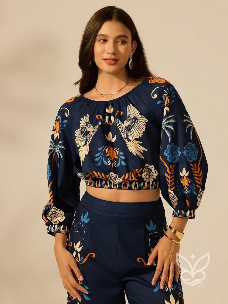 Blusa Boho Cropped com Estampa Étnica e Manga 3/4 Bufante Blusa Boho Cropped com Estampa Étnica e Manga 3/4 Bufante