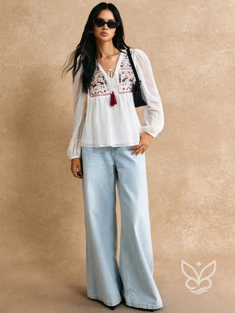 Blusa Bordada Com Transparência E Mangas Bufantes Blusa Bordada Com Transparência E Mangas Bufantes
