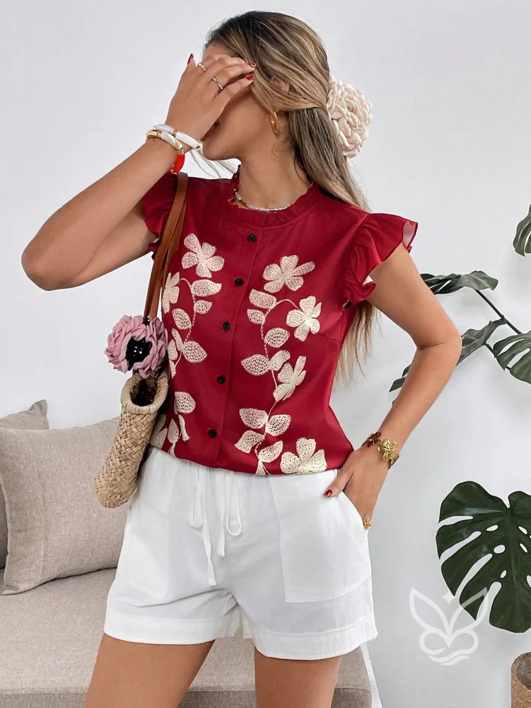 Blusa Bordada Floral Com Babados E Botões Frontais Blusa Bordada Floral Com Babados E Botões Frontais