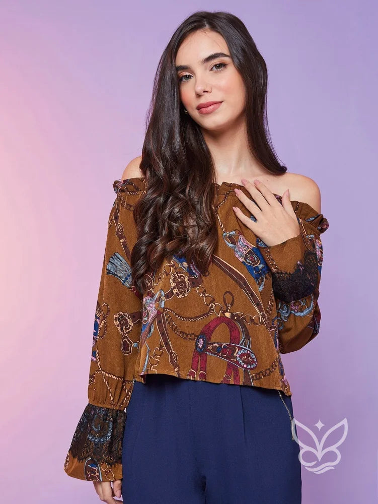 Blusa Ciganinha Estampada com Manga Longa Boho Marrom / PP Blusa Ciganinha Estampada com Manga Longa Boho