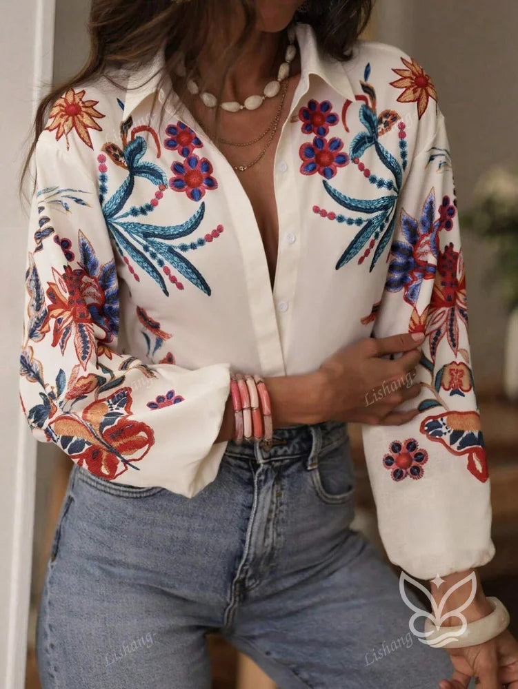 Blusa com Bordado Floral Colorido e Manga Longa Boho Damasco / PP Blusa com Bordado Floral Colorido e Manga Longa Boho