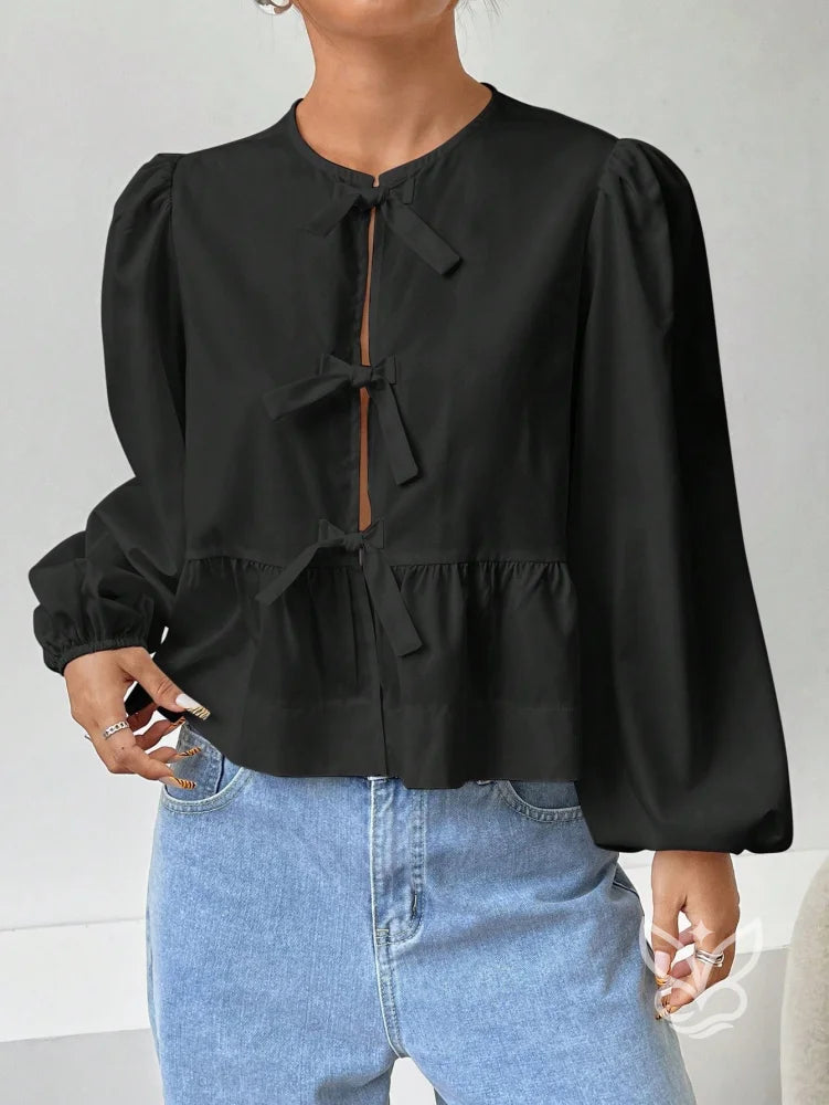 Blusa com Laços Frontais e Manga Longa Bufante Blusa com Laços Frontais e Manga Longa Bufante