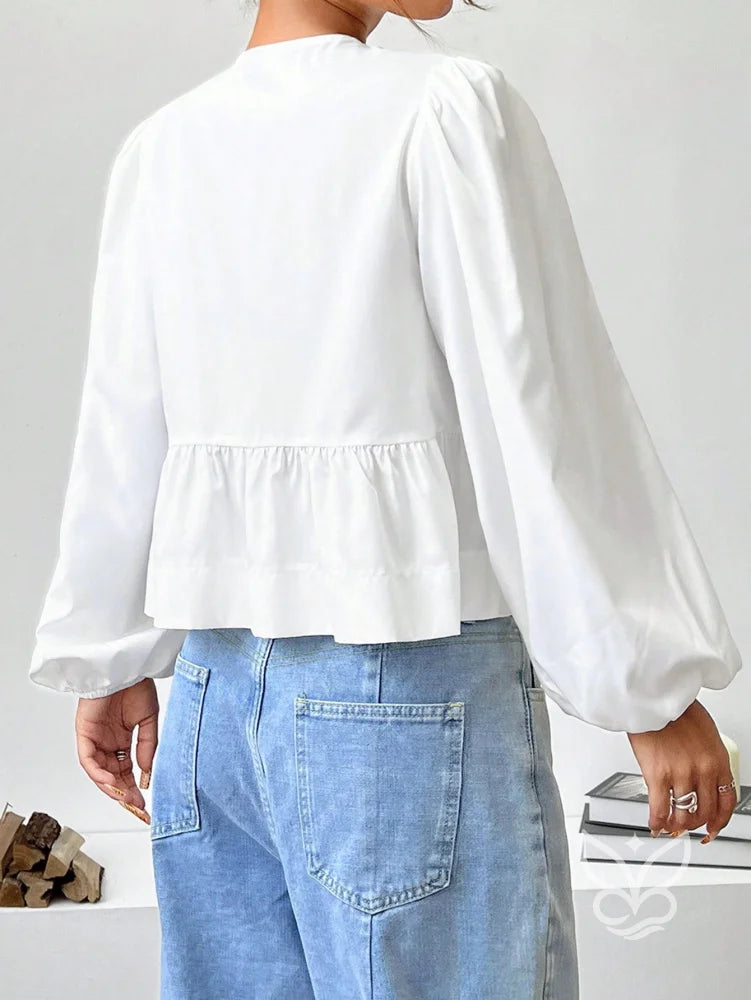Blusa com Laços Frontais e Manga Longa Bufante Blusa com Laços Frontais e Manga Longa Bufante