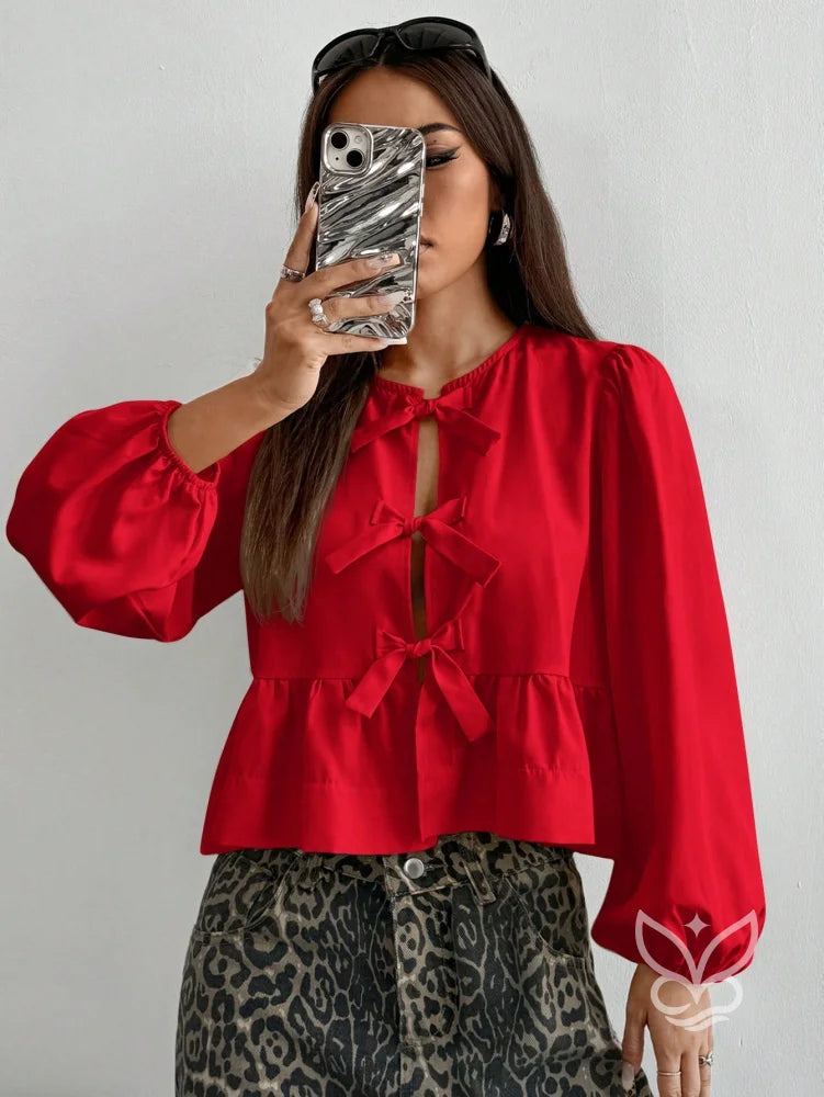 Blusa com Laços Frontais e Manga Longa Bufante Blusa com Laços Frontais e Manga Longa Bufante