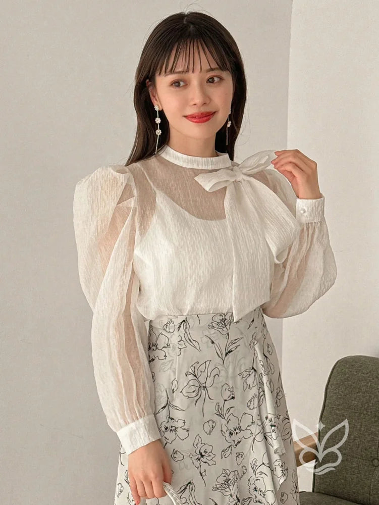 Blusa Com Manga Bufante Gola Laço E Transparência Delicada Damasco / PP Blusa Com Manga Bufante Gola Laço E