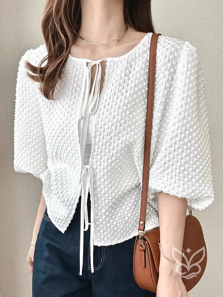 Blusa Com Textura Em Tricô E Amarração Frontal Blusa Com Textura Em Tricô E Amarração Frontal