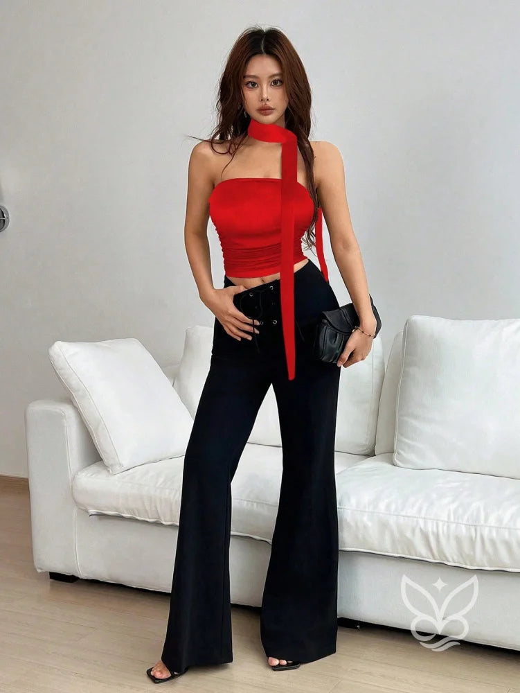 Blusa Cropped Frente Única Com Gola Alta E Amarração Longa Blusa Cropped Frente Única Com Gola Alta E Amarração Longa