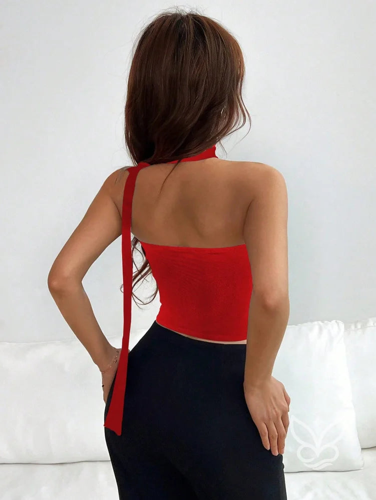 Blusa Cropped Frente Única Com Gola Alta E Amarração Longa Blusa Cropped Frente Única Com Gola Alta E Amarração Longa