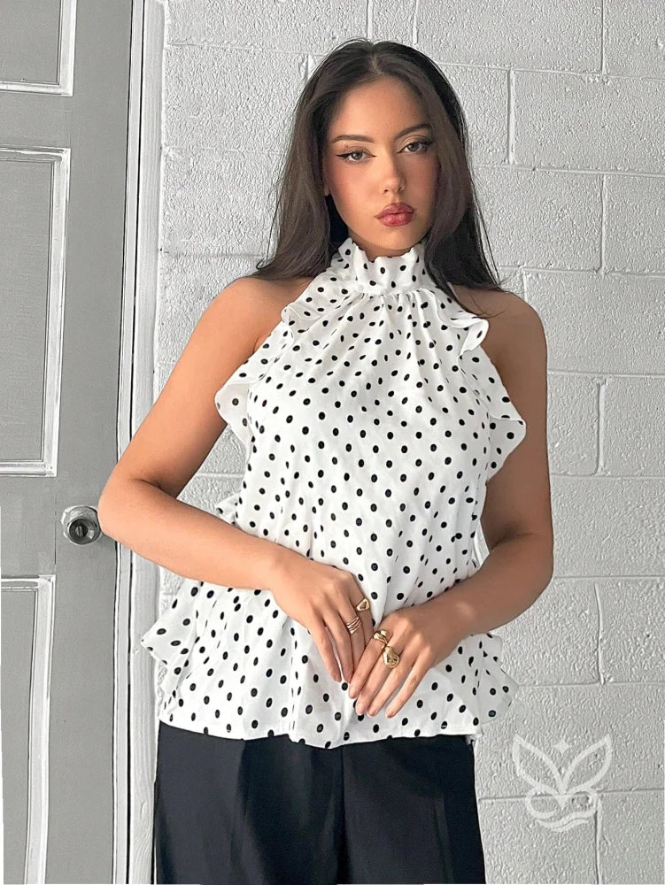 Blusa De Chiffon Solta Com Decote Halter Babados E Estampa Poá Blusa De Chiffon Solta Com Decote Halter Babados E