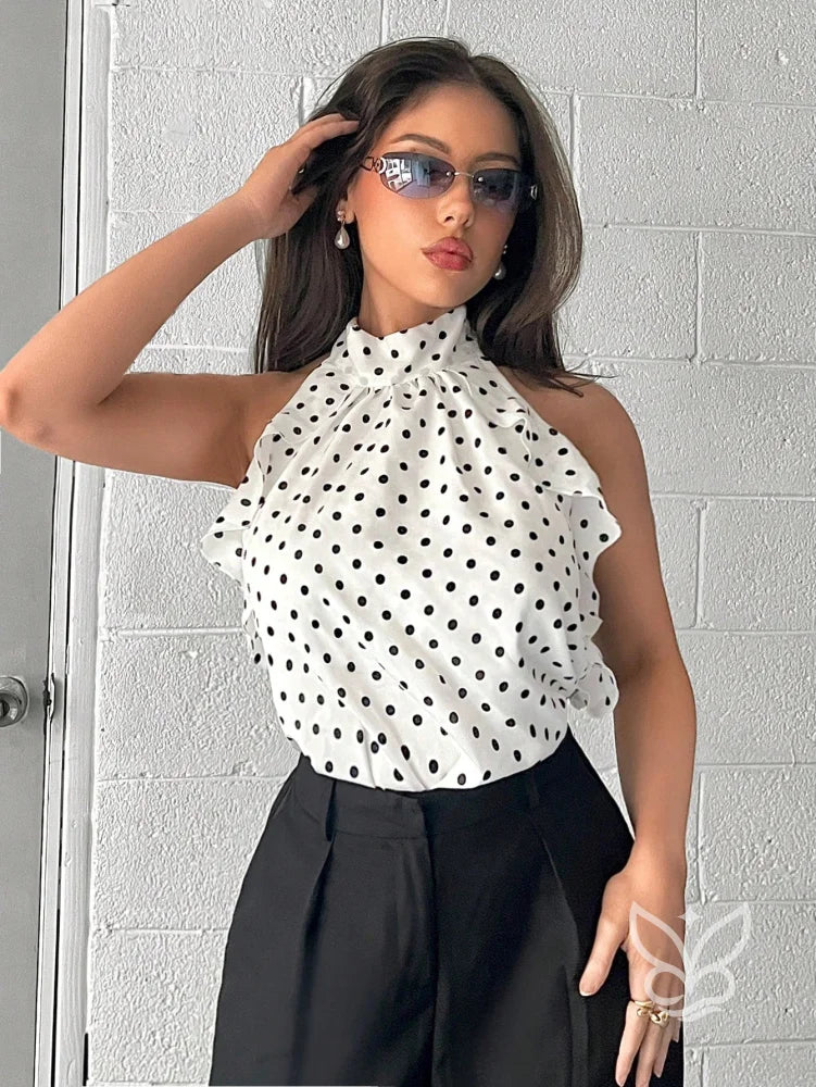 Blusa De Chiffon Solta Com Decote Halter Babados E Estampa Poá Blusa De Chiffon Solta Com Decote Halter Babados E