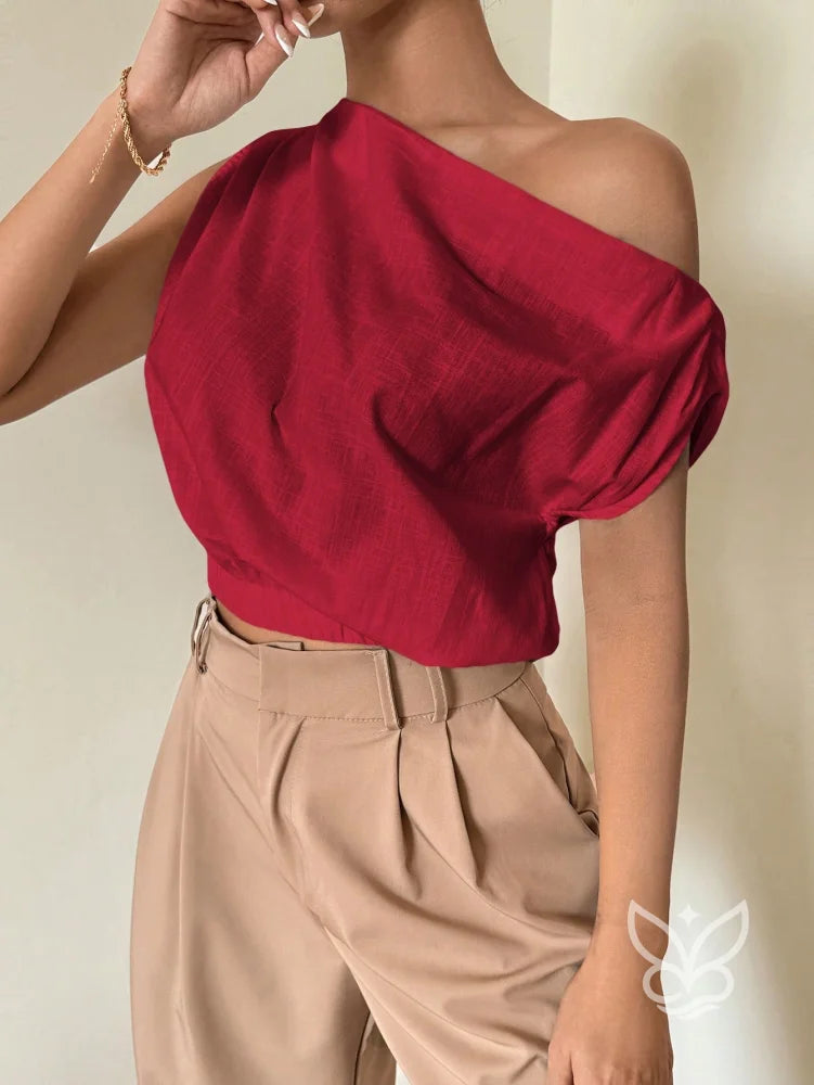 Blusa de Um Ombro com Caimento Solto e Elegante Blusa de Um Ombro com Caimento Solto e Elegante