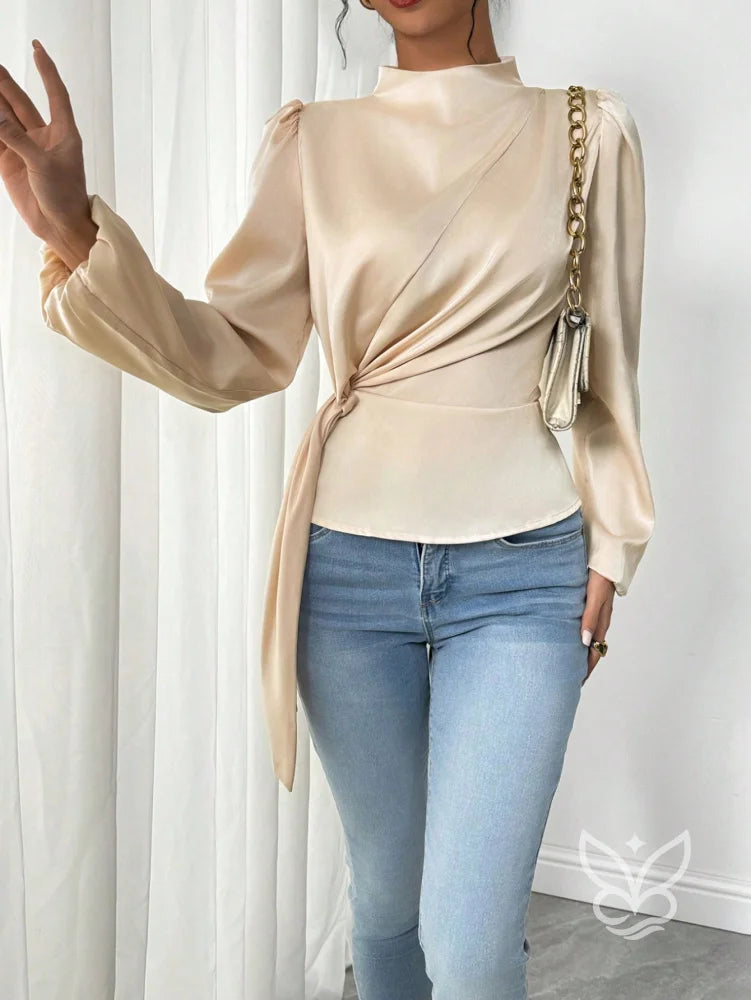 Blusa Em Cetim Com Gola Alta E Amarração Lateral Damasco / PP Blusa Em Cetim Com Gola Alta E Amarração Lateral