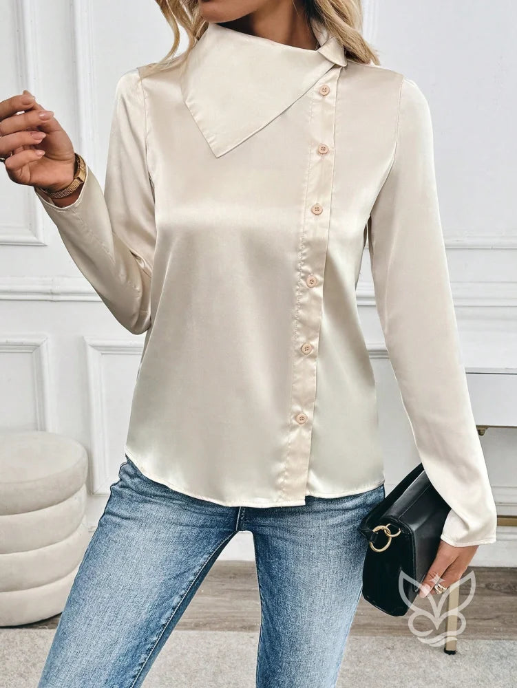 Blusa Em Cetim Com Gola Alta E Botões Laterais Elegantes Blusa Em Cetim Com Gola Alta E Botões Laterais Elegantes
