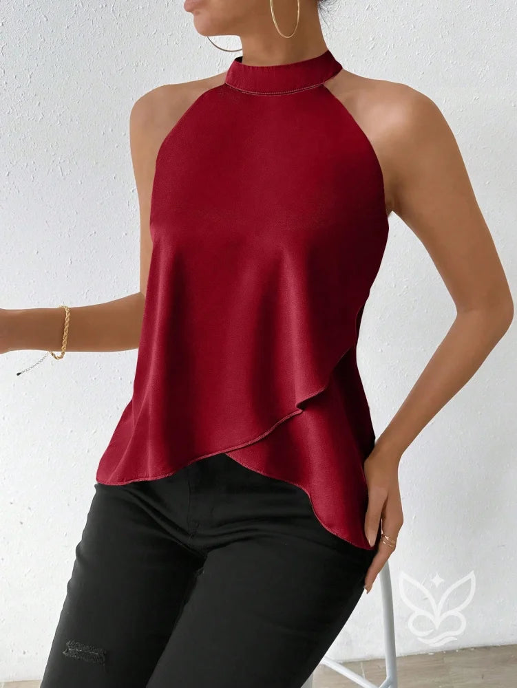 Blusa Frente Única Em Cetim Com Barra Assimétrica Blusa Frente Única Em Cetim Com Barra Assimétrica