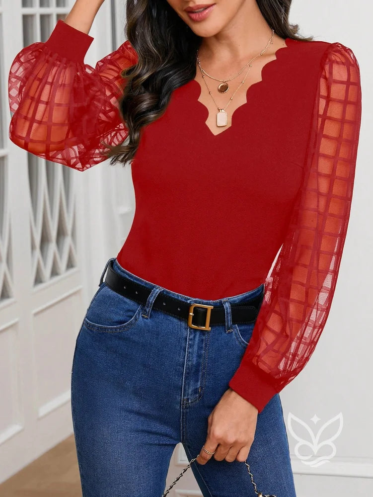 Blusa Manga Bufante Transparente Com Borda De Pérolas Blusa Manga Bufante Transparente Com Borda De Pérolas