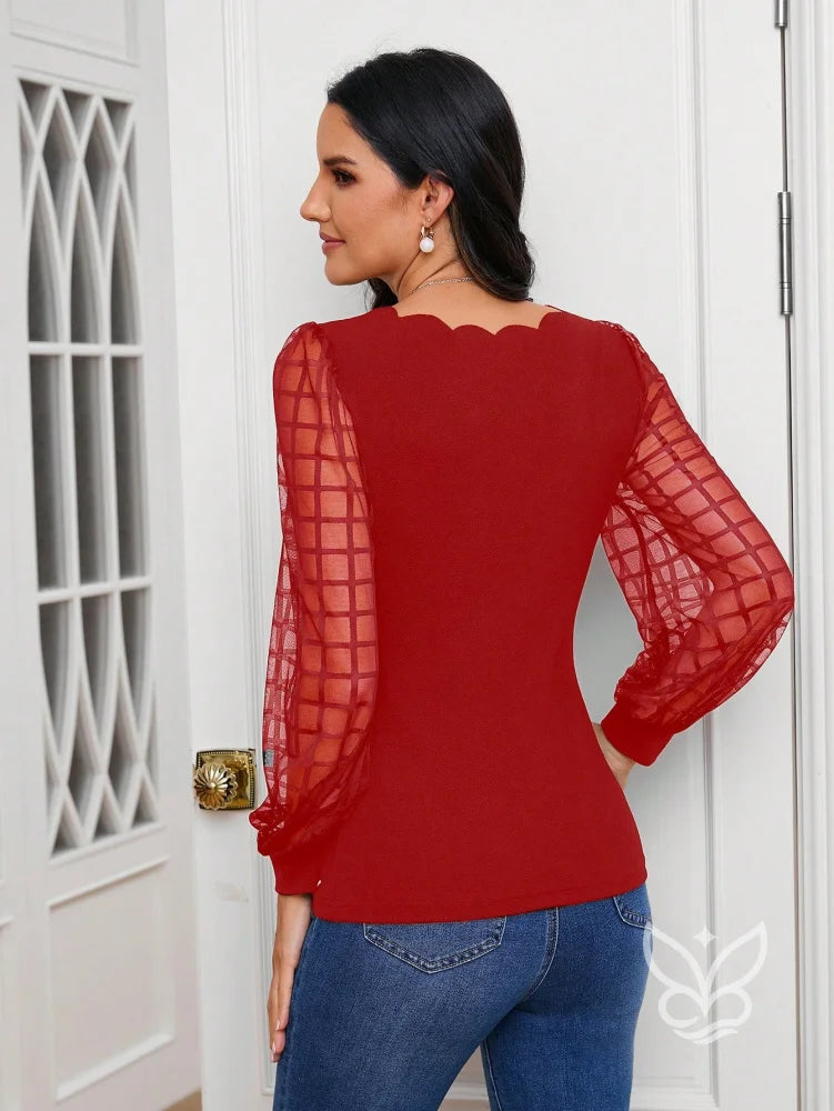 Blusa Manga Bufante Transparente Com Borda De Pérolas Blusa Manga Bufante Transparente Com Borda De Pérolas