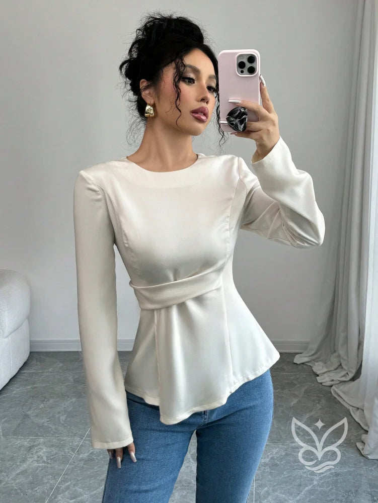 Blusa Manga Longa Com Cintura Marcada E Caimento Elegante Blusa Manga Longa Com Cintura Marcada E Caimento Elegante