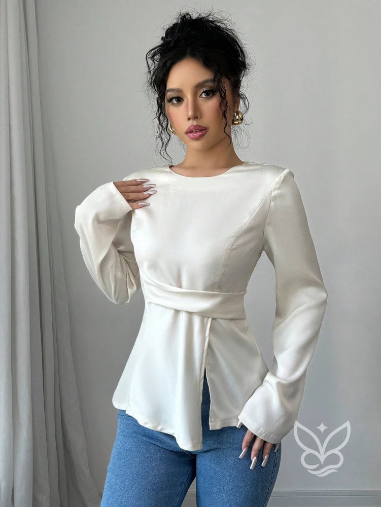 Blusa Manga Longa Com Cintura Marcada E Caimento Elegante Blusa Manga Longa Com Cintura Marcada E Caimento Elegante