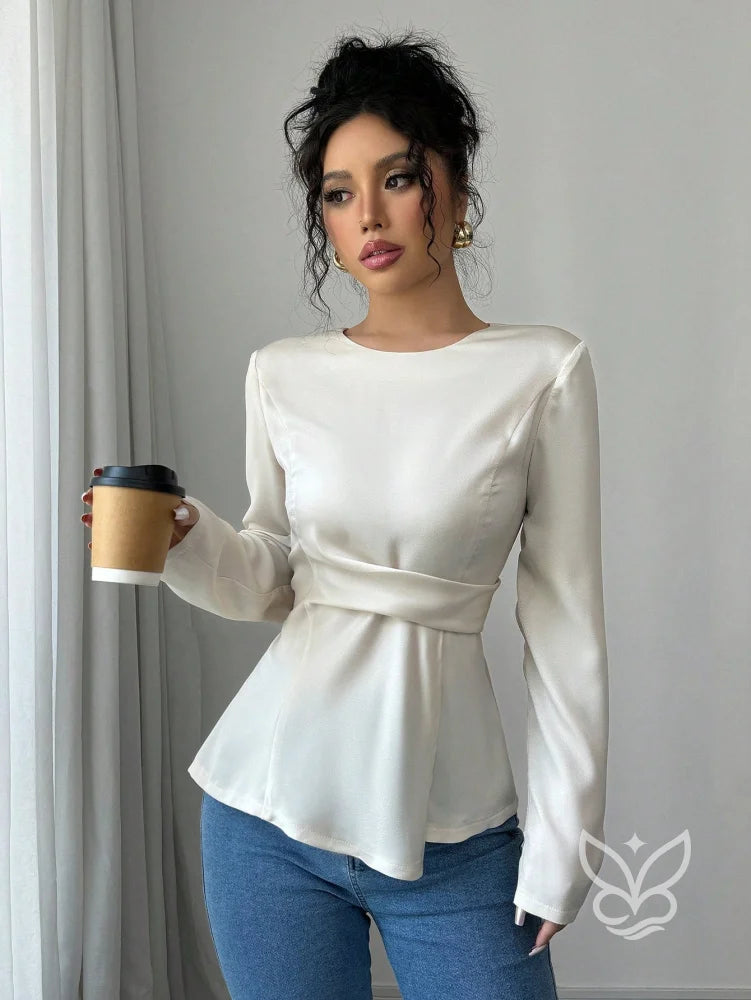 Blusa Manga Longa Com Cintura Marcada E Caimento Elegante Blusa Manga Longa Com Cintura Marcada E Caimento Elegante