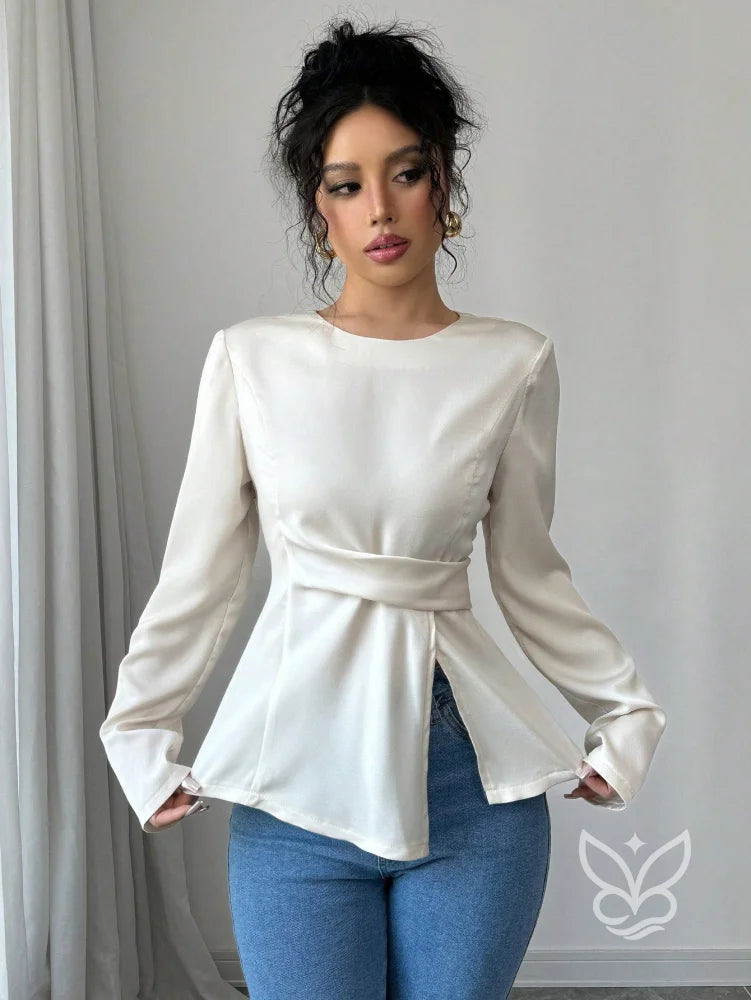 Blusa Manga Longa Com Cintura Marcada E Caimento Elegante Blusa Manga Longa Com Cintura Marcada E Caimento Elegante