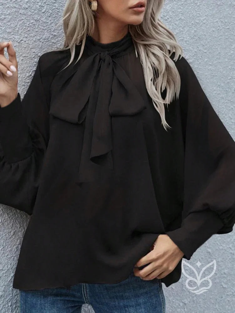 Blusa Manga Longa Com Gola Laço E Punhos Bufantes Blusa Manga Longa Com Gola Laço E Punhos Bufantes