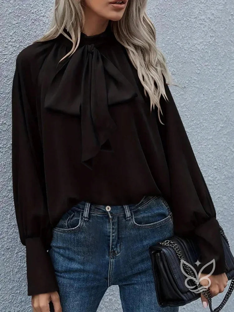 Blusa Manga Longa Com Gola Laço E Punhos Bufantes Blusa Manga Longa Com Gola Laço E Punhos Bufantes