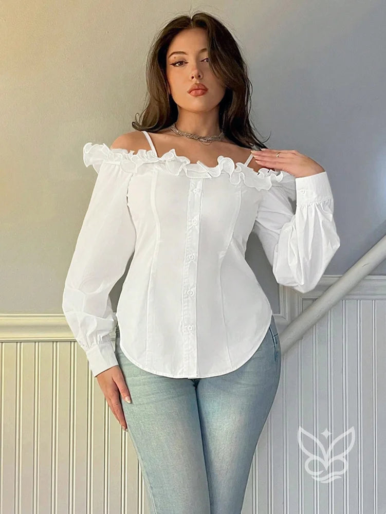 Blusa Ombro Único Com Babados Tridimensionais E Manga Longa Blusa Ombro Único Com Babados Tridimensionais E Manga Longa