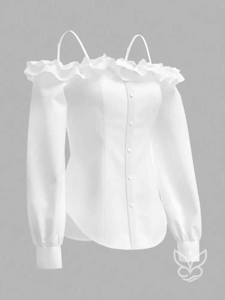 Blusa Ombro Único Com Babados Tridimensionais E Manga Longa Blusa Ombro Único Com Babados Tridimensionais E Manga Longa