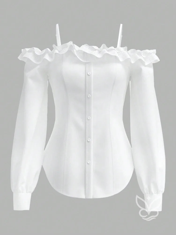 Blusa Ombro Único Com Babados Tridimensionais E Manga Longa Blusa Ombro Único Com Babados Tridimensionais E Manga Longa