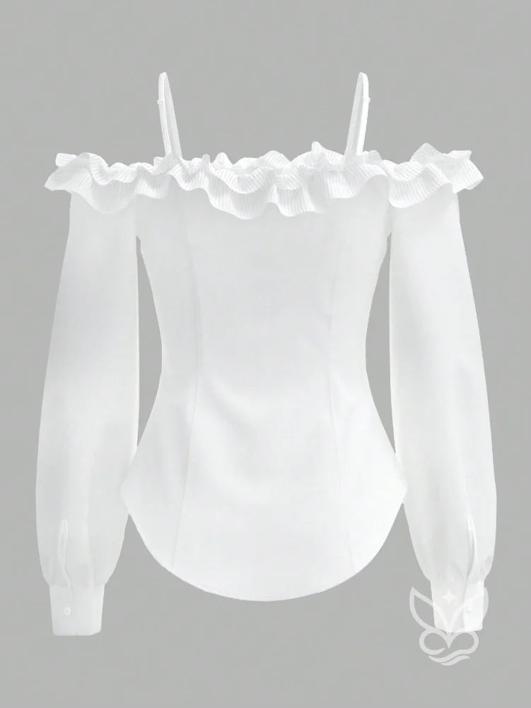 Blusa Ombro Único Com Babados Tridimensionais E Manga Longa Blusa Ombro Único Com Babados Tridimensionais E Manga Longa