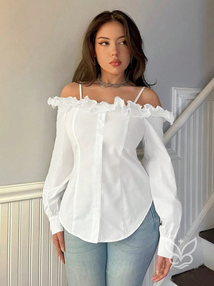 Blusa Ombro Único Com Babados Tridimensionais E Manga Longa Blusa Ombro Único Com Babados Tridimensionais E Manga Longa