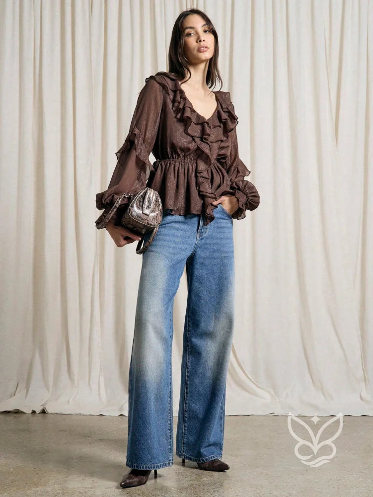 Blusa Peplum Boho Com Brilho Babados E Transparência Delicada Blusa Peplum Boho Com Brilho Babados E Transparência