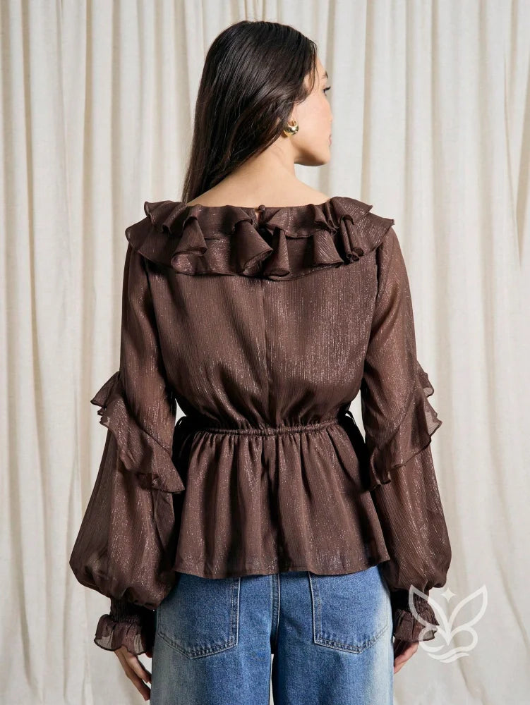 Blusa Peplum Boho Com Brilho Babados E Transparência Delicada Blusa Peplum Boho Com Brilho Babados E Transparência