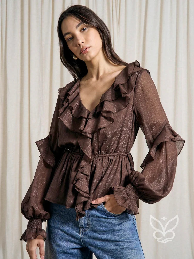 Blusa Peplum Boho Com Brilho Babados E Transparência Delicada Chocolate / PP Blusa Peplum Boho Com Brilho Babados E