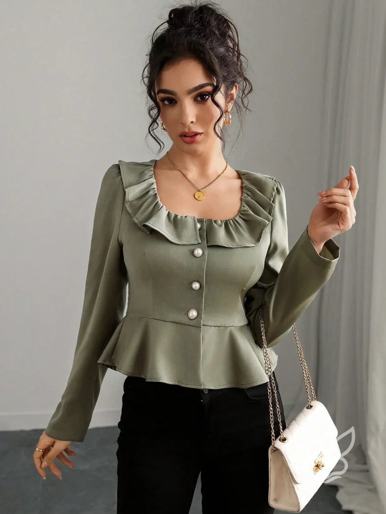 Blusa Peplum Com Babado No Decote E Botões Elegantes Blusa Peplum Com Babado No Decote E Botões Elegantes