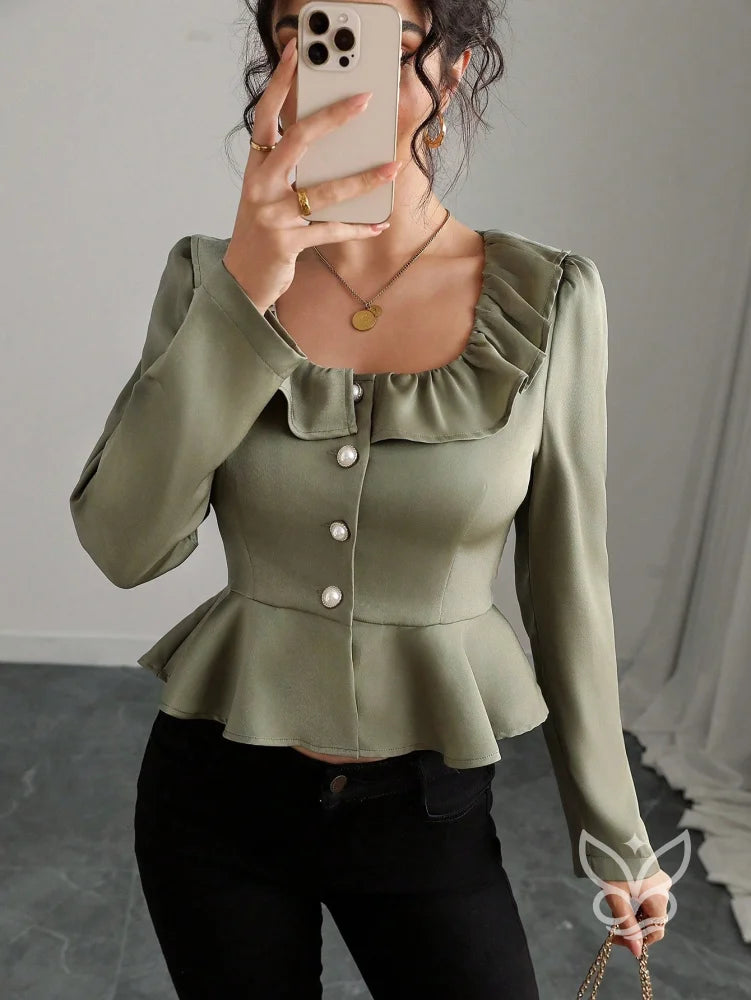 Blusa Peplum Com Babado No Decote E Botões Elegantes Blusa Peplum Com Babado No Decote E Botões Elegantes