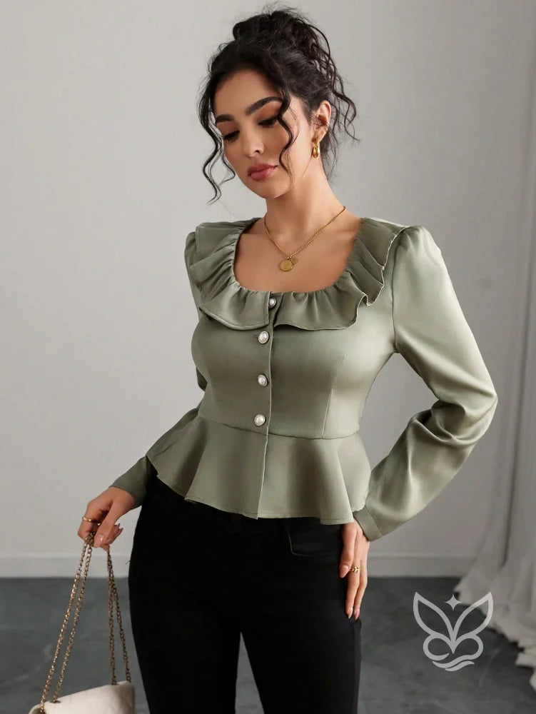 Blusa Peplum Com Babado No Decote E Botões Elegantes Blusa Peplum Com Babado No Decote E Botões Elegantes