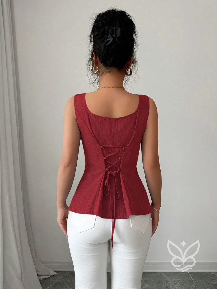 Blusa Peplum Sem Manga Com Cintura Ajustada E Gola Quadrada Blusa Peplum Sem Manga Com Cintura Ajustada E Gola Quadrada