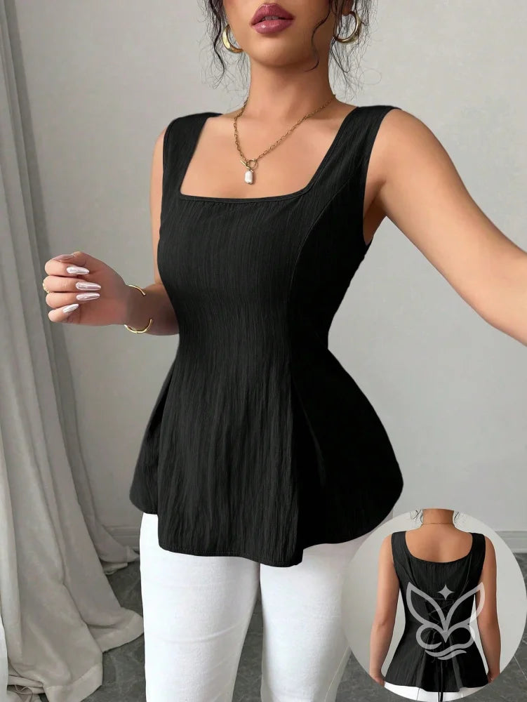 Blusa Peplum Sem Manga Com Cintura Ajustada E Gola Quadrada Blusa Peplum Sem Manga Com Cintura Ajustada E Gola Quadrada