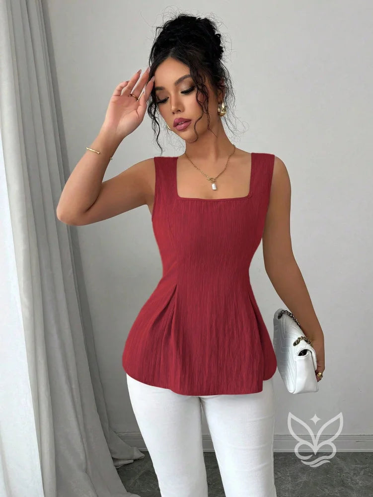 Blusa Peplum Sem Manga Com Cintura Ajustada E Gola Quadrada Blusa Peplum Sem Manga Com Cintura Ajustada E Gola Quadrada