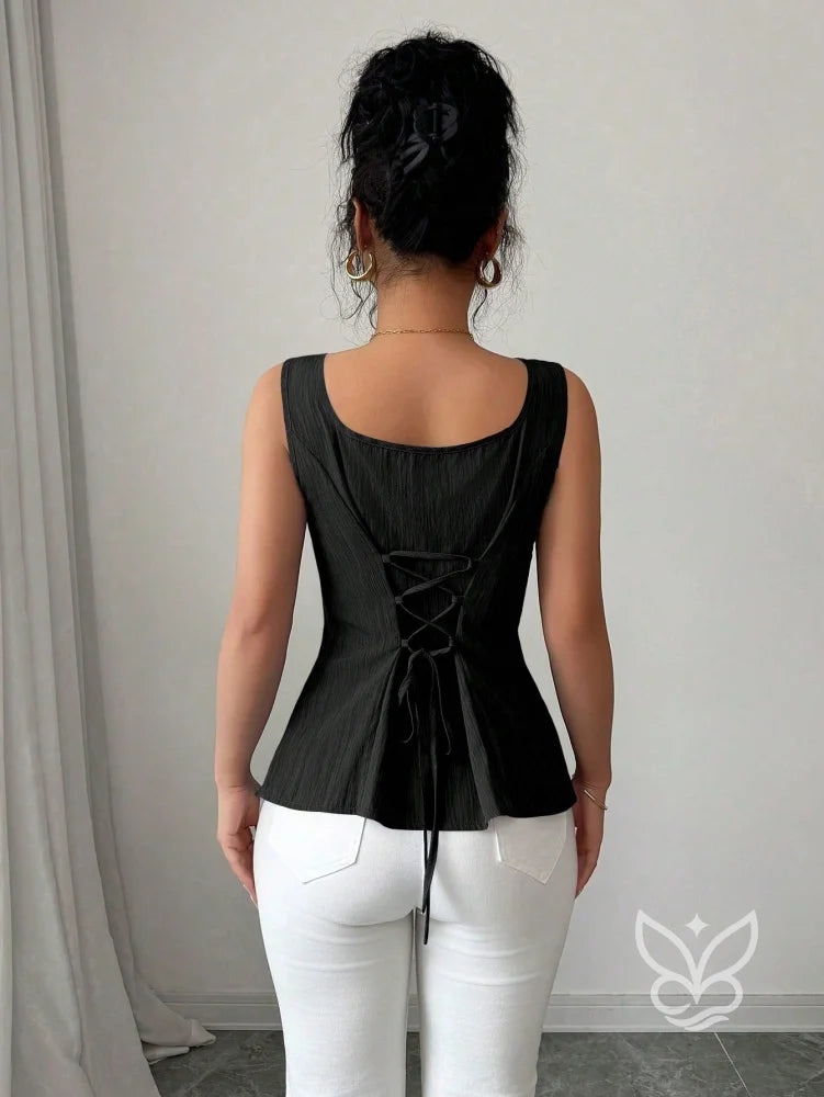 Blusa Peplum Sem Manga Com Cintura Ajustada E Gola Quadrada Blusa Peplum Sem Manga Com Cintura Ajustada E Gola Quadrada