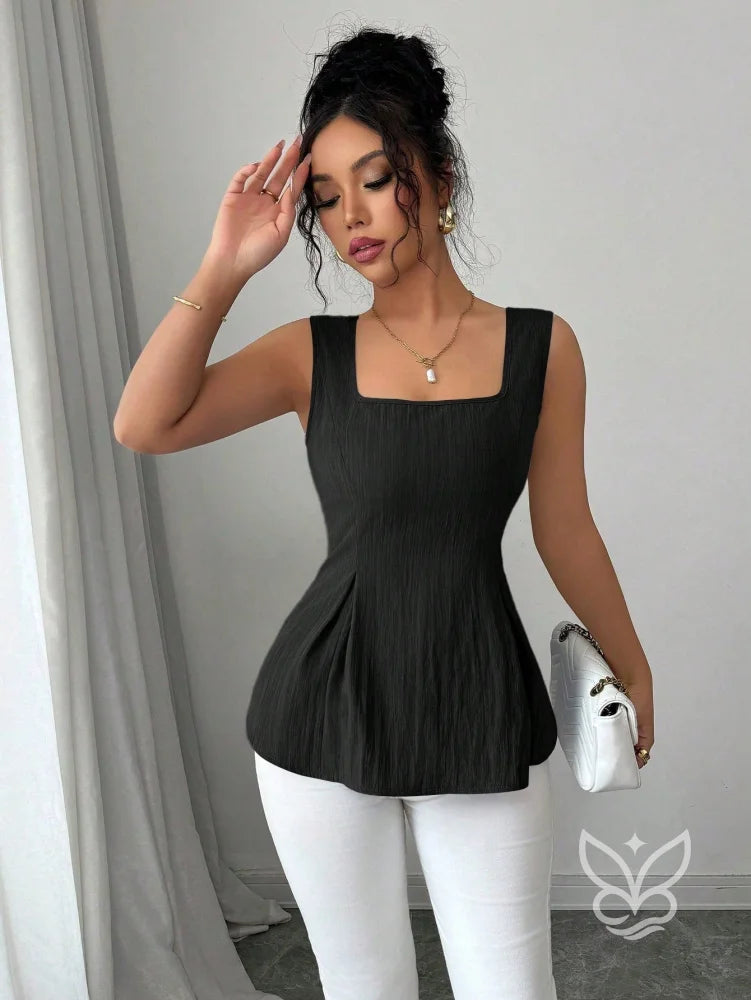 Blusa Peplum Sem Manga Com Cintura Ajustada E Gola Quadrada Blusa Peplum Sem Manga Com Cintura Ajustada E Gola Quadrada