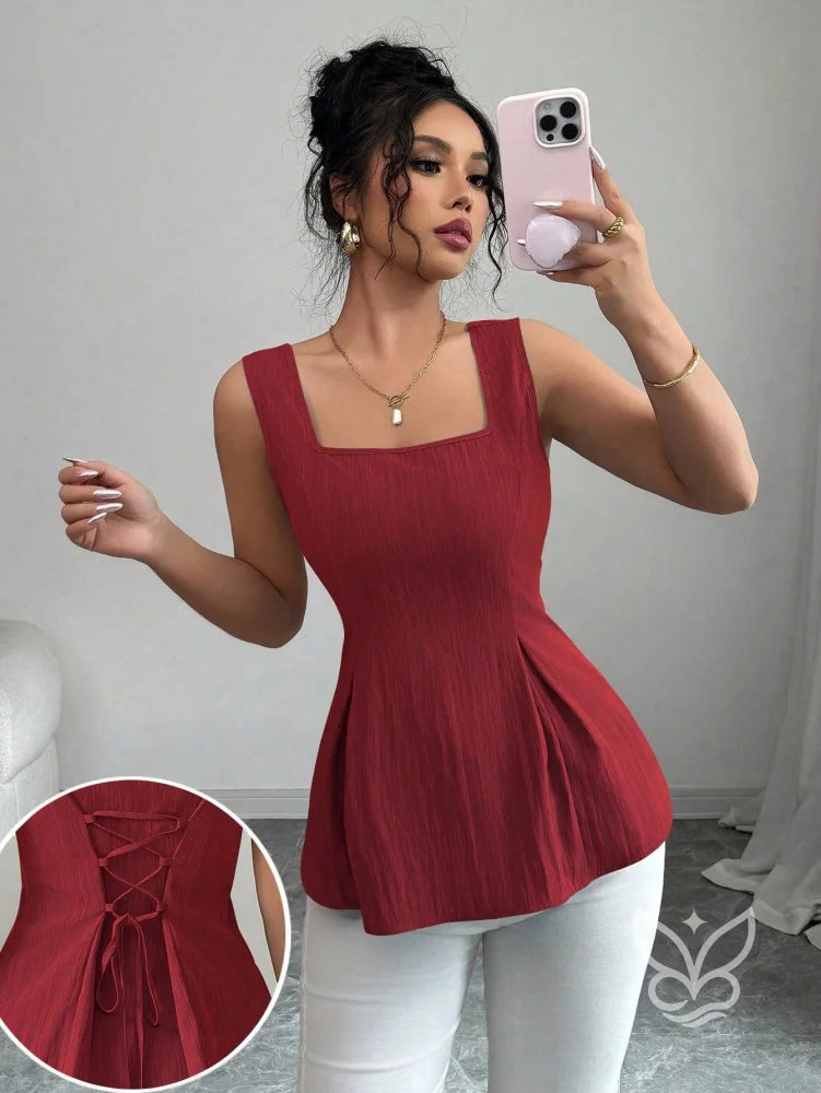 Blusa Peplum Sem Manga Com Cintura Ajustada E Gola Quadrada Blusa Peplum Sem Manga Com Cintura Ajustada E Gola Quadrada