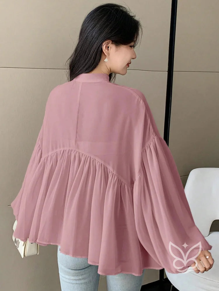 Blusa Plissada Com Gola Alta E Manga Longa Blusa Plissada Com Gola Alta E Manga Longa