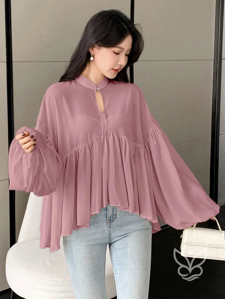 Blusa Plissada Com Gola Alta E Manga Longa Rosa Bebê / PP Blusa Plissada Com Gola Alta E Manga Longa
