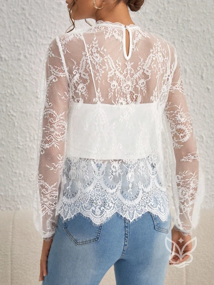 Blusa Renda Com Gola Alta E Manga Longa Sem Bojo Blusa Renda Com Gola Alta E Manga Longa Sem Bojo
