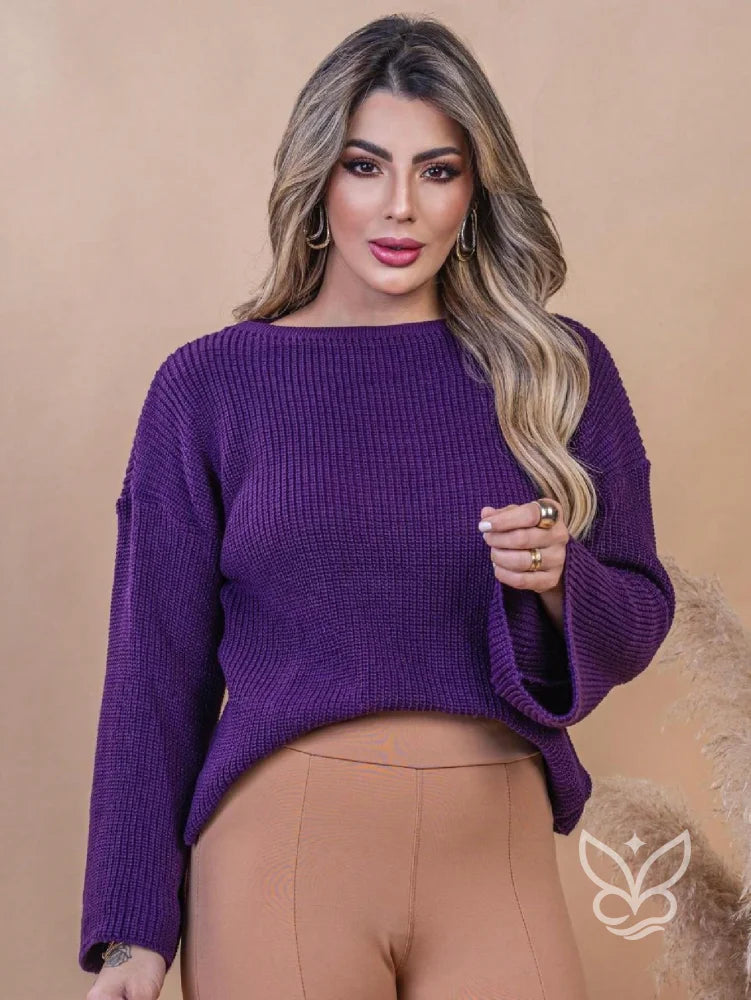 Blusa Tricot Cropped com Manga Longa Flare Blusa Tricot Cropped com Manga Longa Flare